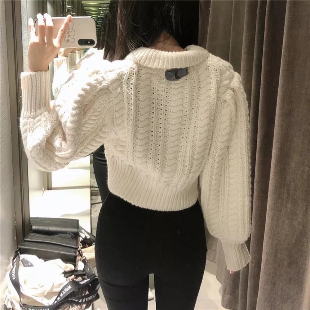 🦄HP♦︎ Sweater crop top cable knit white womens long sleeve button collar - Picture 6 of 7